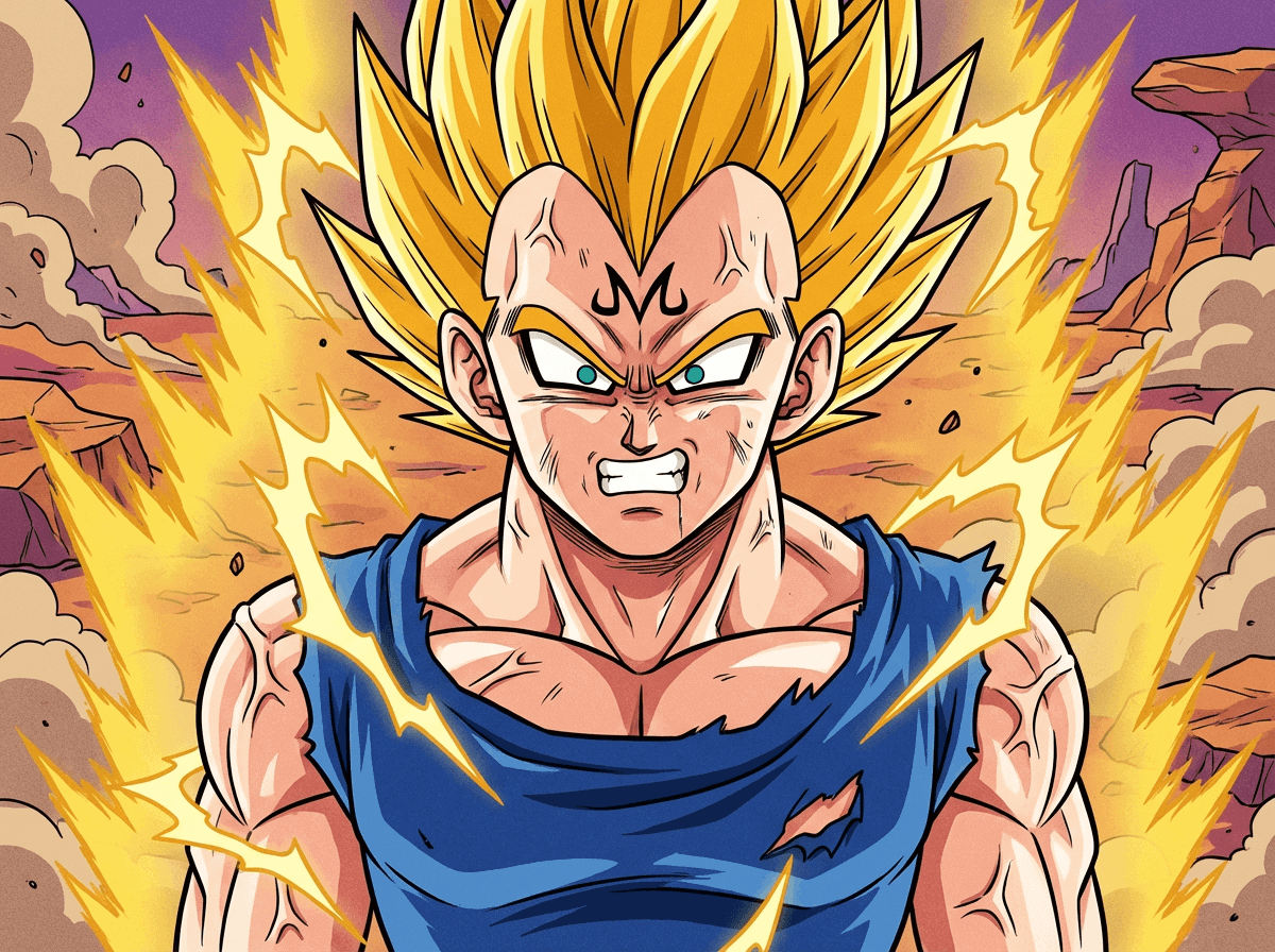 A dramatic, intense close-up illustration in classic 1980s Akira Toriyama anime style featuring Majin Vegeta (spiky golden...