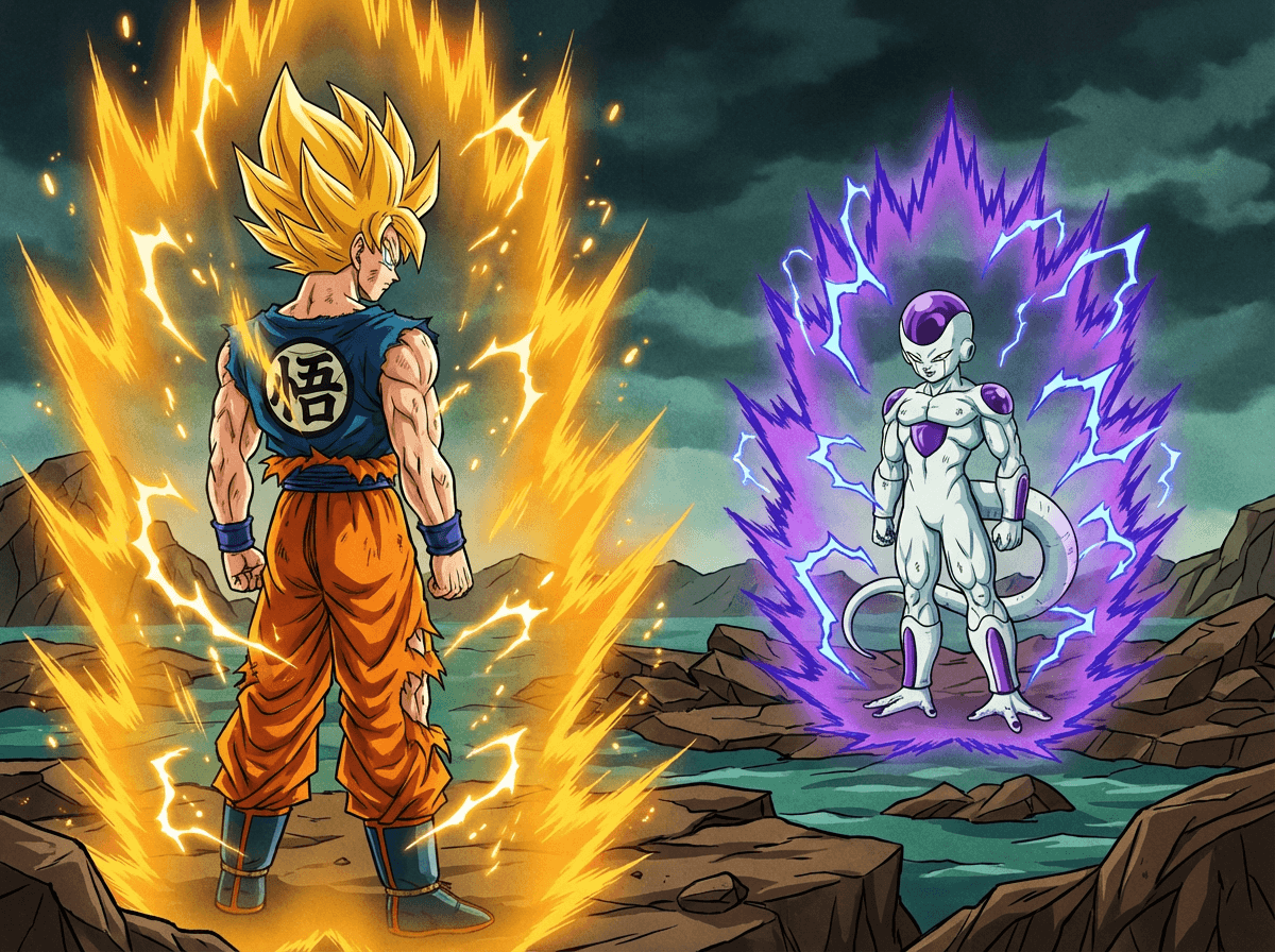 Super Saiyan Goku vs. Final Form Frieza in a dramatic, high-intensity power-up standoff, 80s anime style.