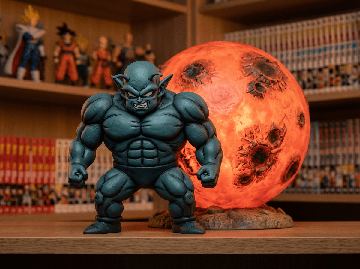 Gashapon of hulking, muscular Garlic Jr. with dark teal skin snarling in front of a glowing red Makyo Star backdrop.