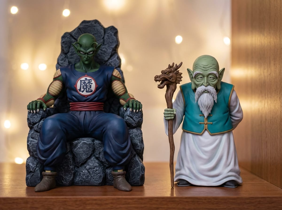King Piccolo collectible statue with a menacing grin, seated on a stone throne in a softly lit collector