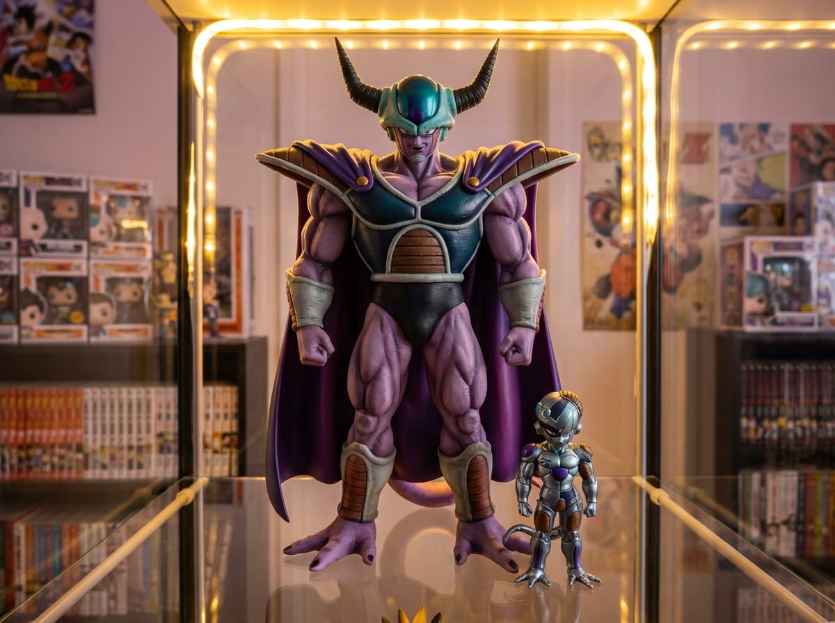 King Cold action figure with purple cape and horns towers over a small Mecha Frieza on a glass display shelf.