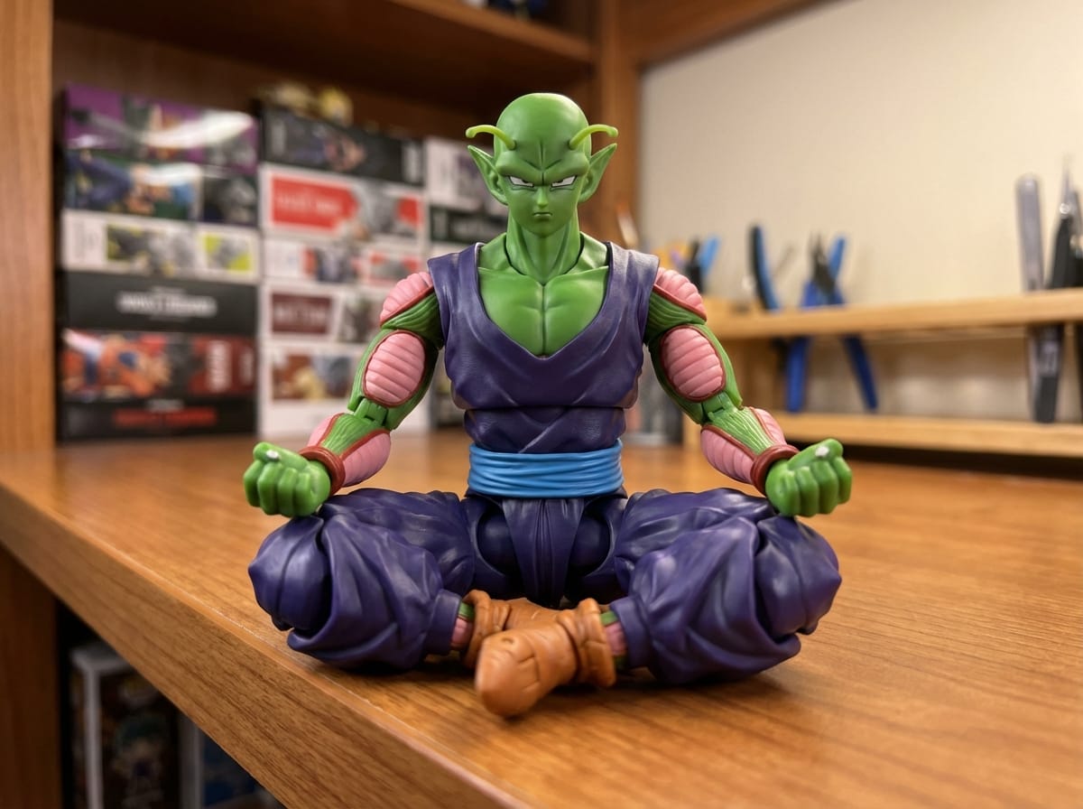 S.H. Figuarts Piccolo figure in a purple gi meditating cross-legged on a wooden shelf, featuring detailed green skin.