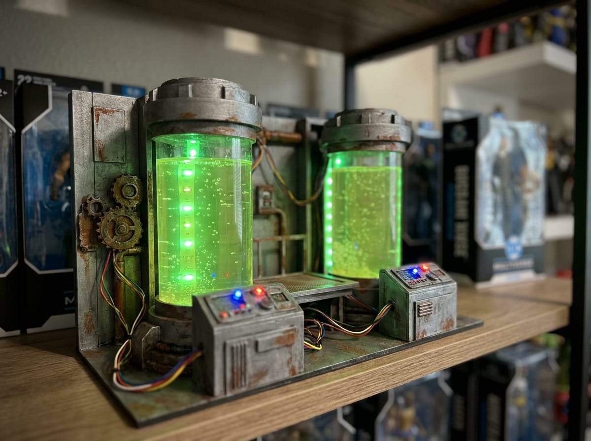 Detailed laboratory diorama with glowing green stasis tubes, intricate control panels, and weathered metallic machinery.