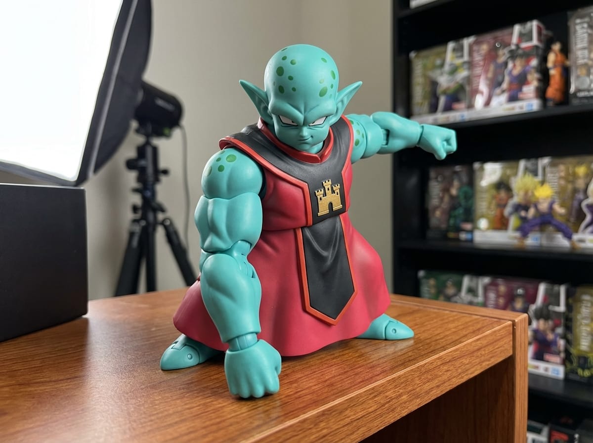Muscular Garlic Jr. action figure in a hulking turquoise state, posed dynamically on a wooden shelf with soft lighting.