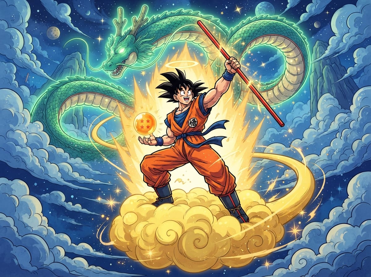 Dragon Ball Symbolism: Colors, Mythology, And Visual Themes Goku stands on a swirling cloud, raising a staff as the four-star Dragon Ball glows before a colossal sky dragon.