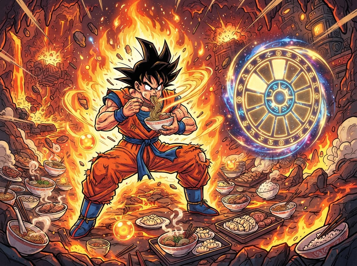 Goku crouches in a fiery chamber as food fuels his blazing aura, glowing orbs swirl, and a blank energy dial hovers.